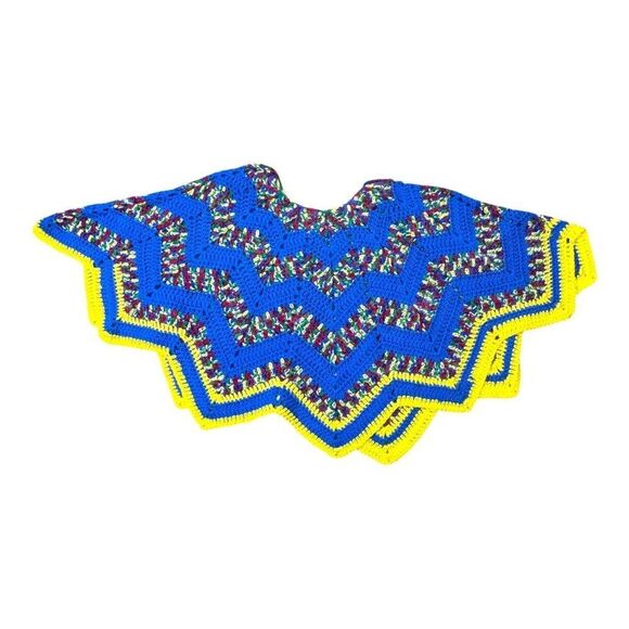 Handmade Crochet Knit Zigzag Poncho Button Closure Blue Yellow & Design Vintage - Picture 5 of 5